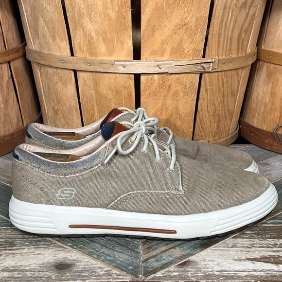 Skechers Porto Zevelo Classic Fit Memory Foam Khaki Canvas Sneaker Men Size 10.5 - Picture 1 of 11
